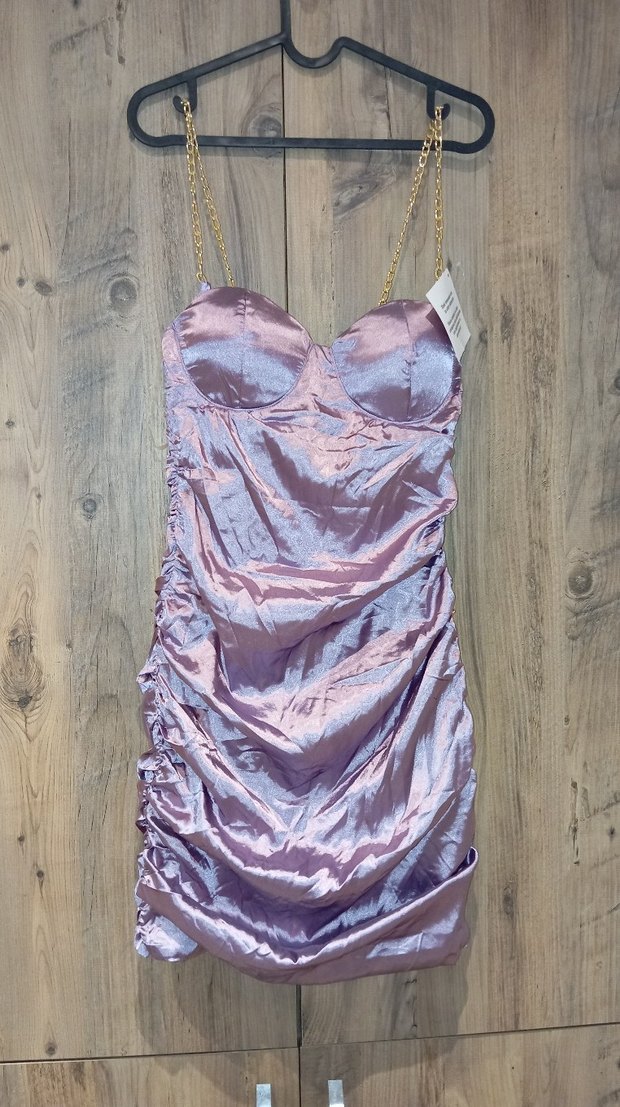 Bayan Mor Parlak Saten Zincir Askılı Elbise - Görsel 4