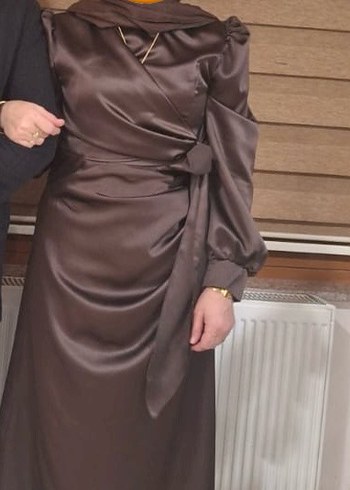 Kahverengi Drapeli Uzun Abiye Elbise