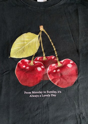 Zara Kısa Kollu Kiraz Baskılı Siyah Tişört - Görsel 2