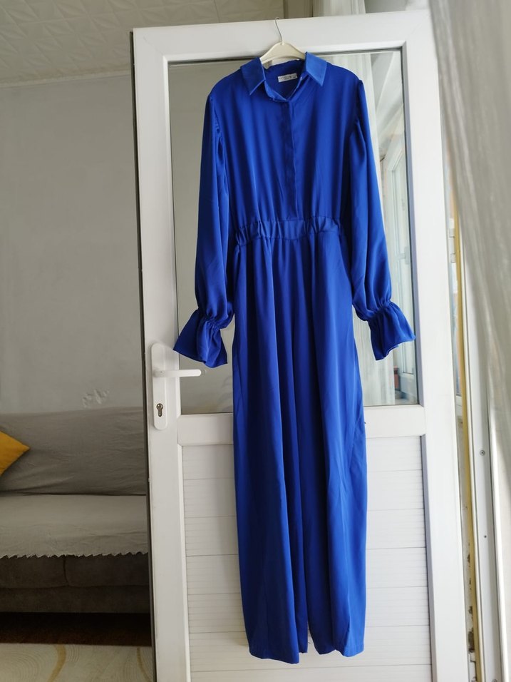 Mavi Uzun Kollu Düğmeli Tulum - Görsel 3