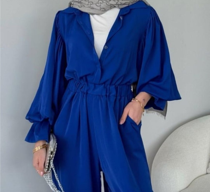 Mavi Uzun Kollu Düğmeli Tulum - Görsel 2