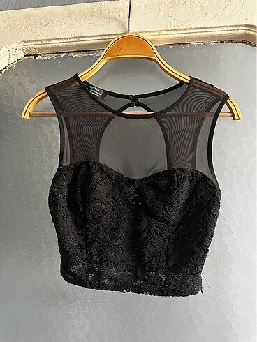Bershka Dantel Desenli Siyah Crop