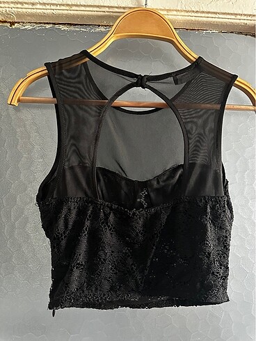 xs Beden Dantel Desenli Siyah Crop