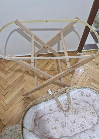 Bej Hasır Sepet Beşik Ahşap Ayaklı - Görsel 4