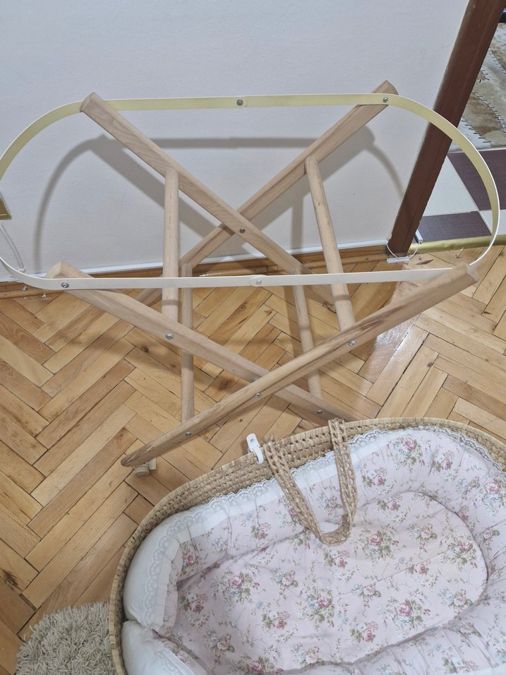 Bej Hasır Sepet Beşik Ahşap Ayaklı - Görsel 4