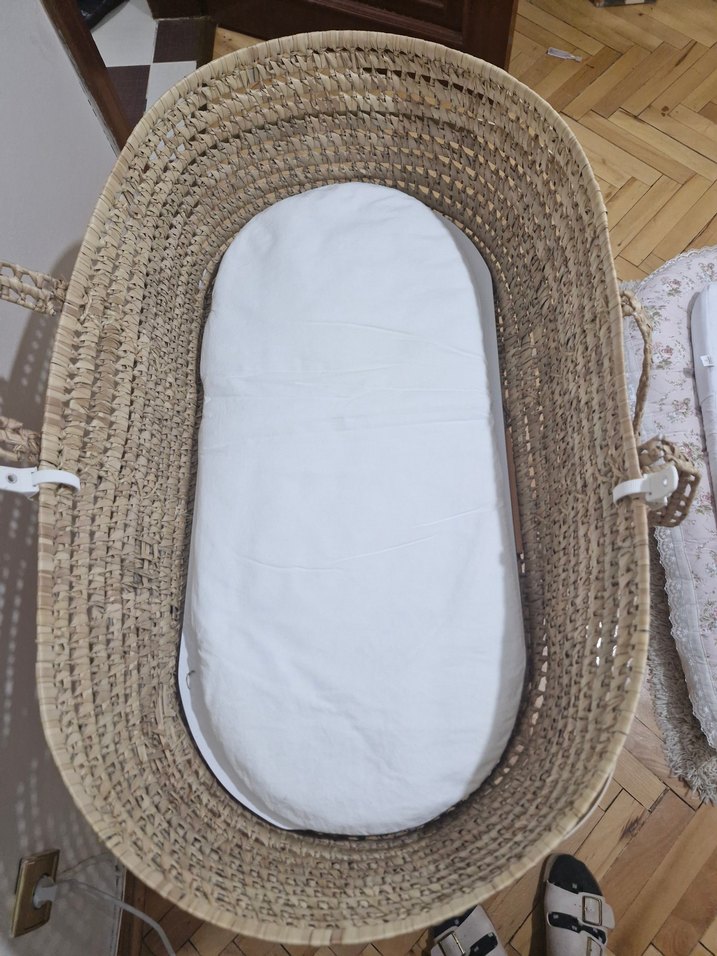 Bej Hasır Sepet Beşik Ahşap Ayaklı - Görsel 2