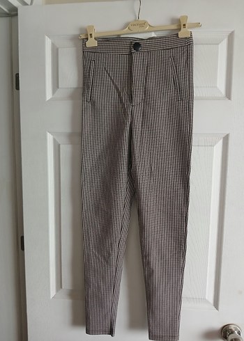 Zara zara marka sbeden düğmeli Bej Ekose Kadın Kumaş Pantolon