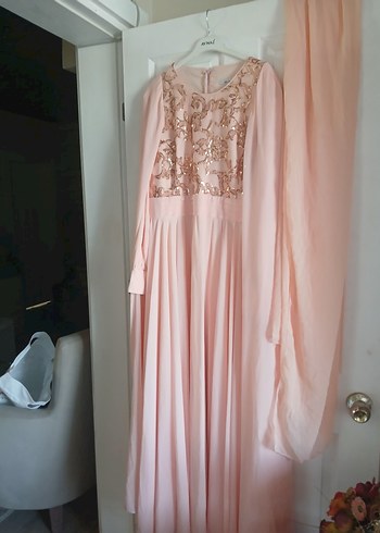 Pudra Nakışlı Uzun Kollu Kadın Abiye - Görsel 3