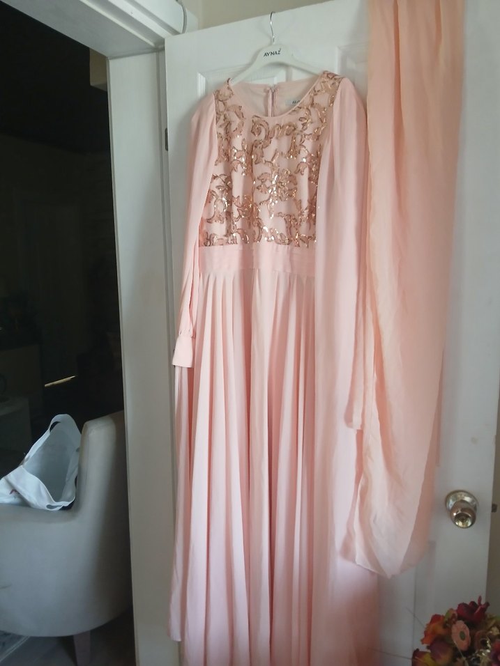 Pudra Nakışlı Uzun Kollu Kadın Abiye - Görsel 3