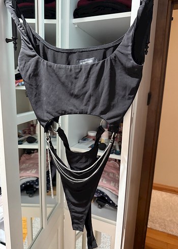 Siyah Tokalı Kadın Bel Zincirli body - Görsel 3