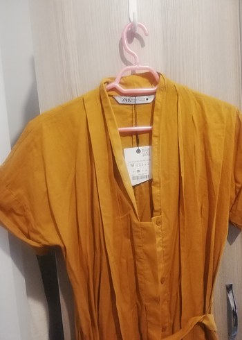 Sarı Kemerli Uzun Keten Elbise - Görsel 2