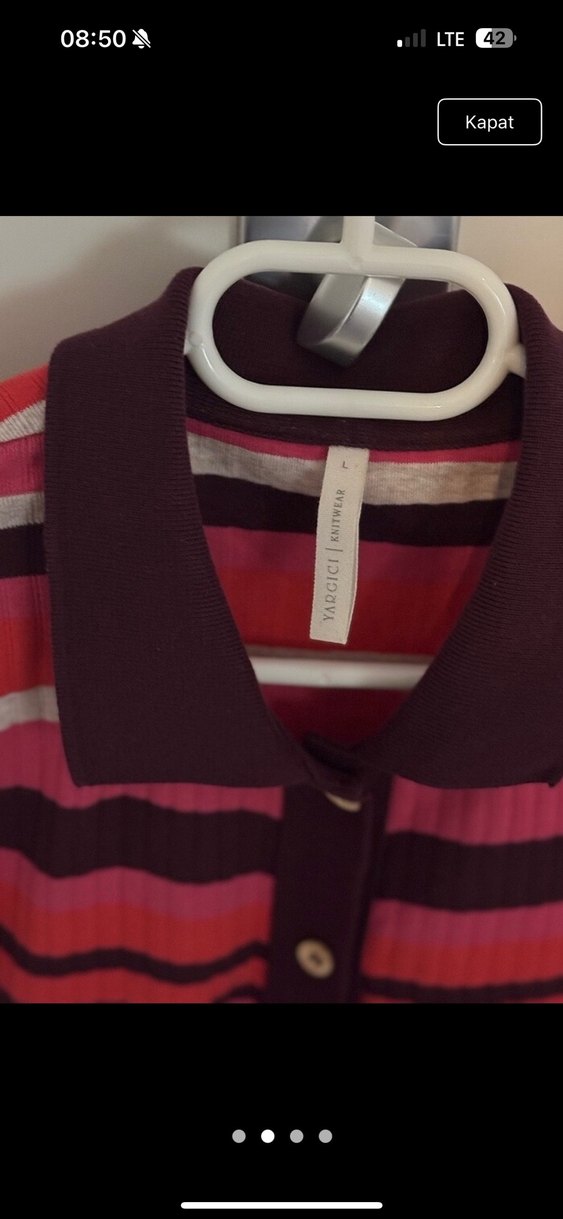 Bordo Çizgili Düğmeli Kadın Triko Hırka - Görsel 3