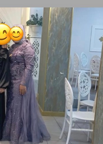 Abiye Uzun Kollu İşlemeli Mor Abiye