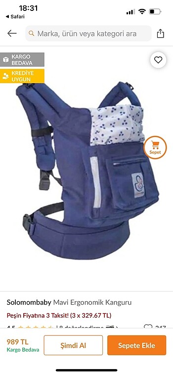 Beden mavi Renk Solomon baby bebek kanguru