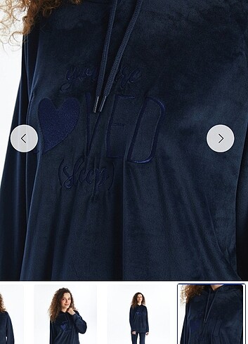 Büyük beden kapüşonlu kadife pijama üst - Görsel 2