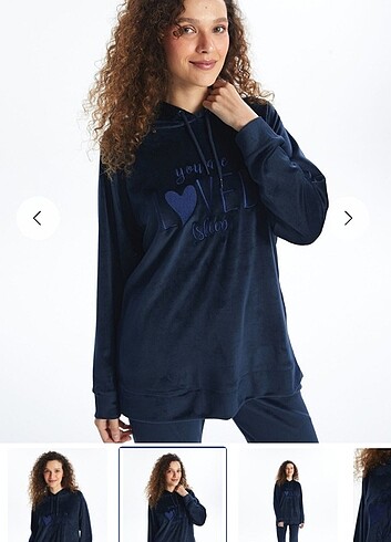 Büyük beden kapüşonlu kadife pijama üst - Görsel 5