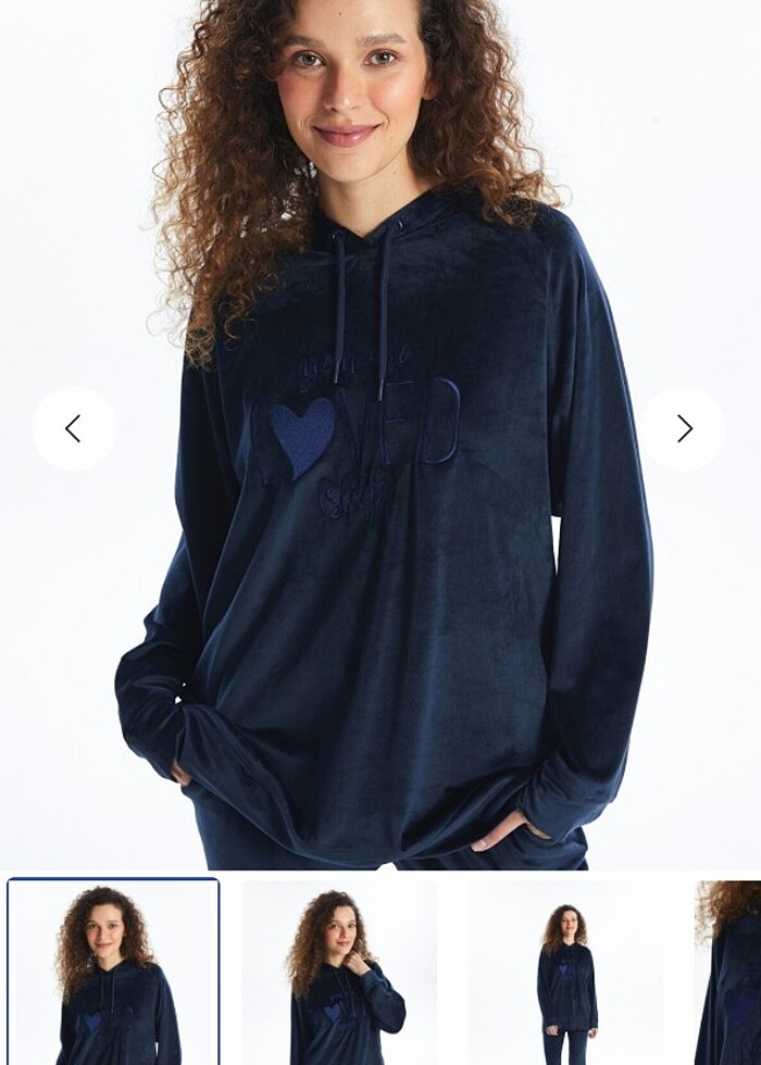 Büyük beden kapüşonlu kadife pijama üst - Görsel 4