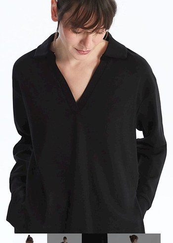 Siyah V Yaka Oversize Kadın Sweatshirt - Görsel 3