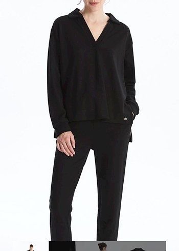 Siyah V Yaka Oversize Kadın Sweatshirt - Görsel 2