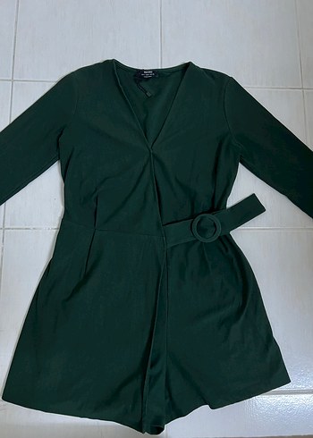 Kemerli V Yaka Koyu Yeşil Mini tulum - Görsel 5