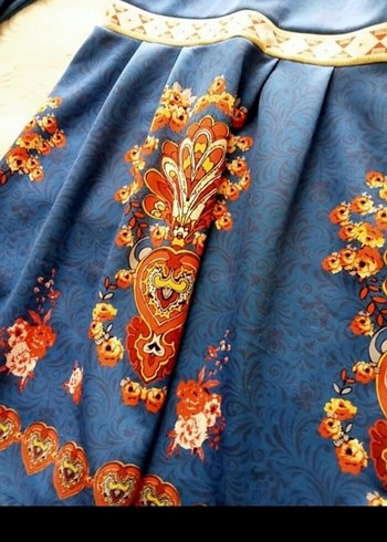 Nakışlı Mavi Uzun Kollu Bohem Elbise - Görsel 3