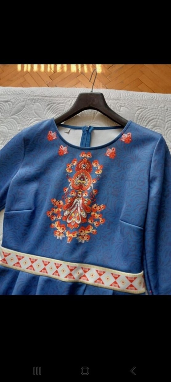 Nakışlı Mavi Uzun Kollu Bohem Elbise - Görsel 4