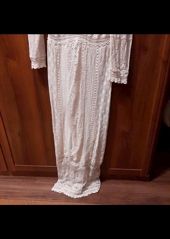 Dantel Detaylı Beyaz Uzun Kollu Bohem Elbise - Görsel 4