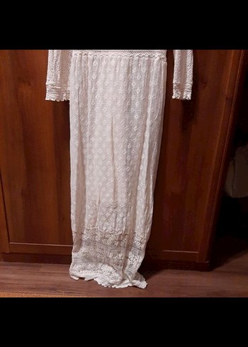 Dantel Detaylı Beyaz Uzun Kollu Bohem Elbise - Görsel 6