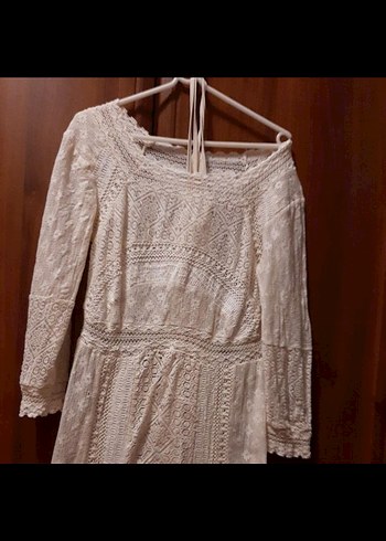 Dantel Detaylı Beyaz Uzun Kollu Bohem Elbise - Görsel 2