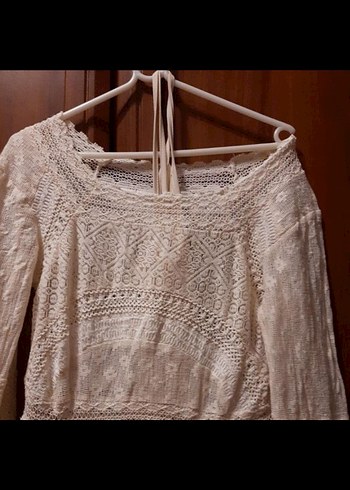 Dantel Detaylı Beyaz Uzun Kollu Bohem Elbise - Görsel 3