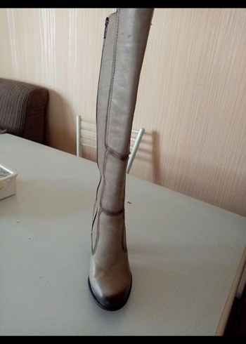 Bej Deri Kadın Dizüstü Çizme - Görsel 8