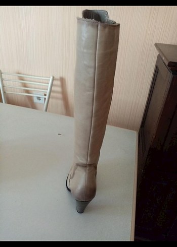 Bej Deri Kadın Dizüstü Çizme - Görsel 5