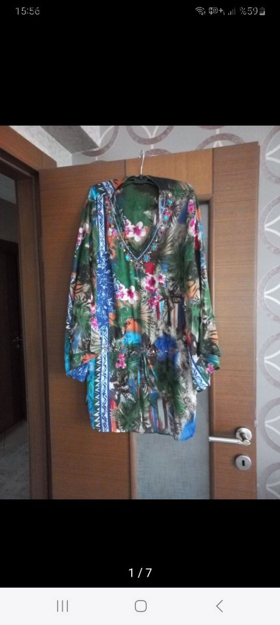 Boncuk Detaylı Renkli V Yaka Uzun Bluz - Görsel 2