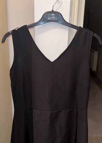 Siyah Uzun V Yakalı Drapeli Kadın Elbise - Görsel 2