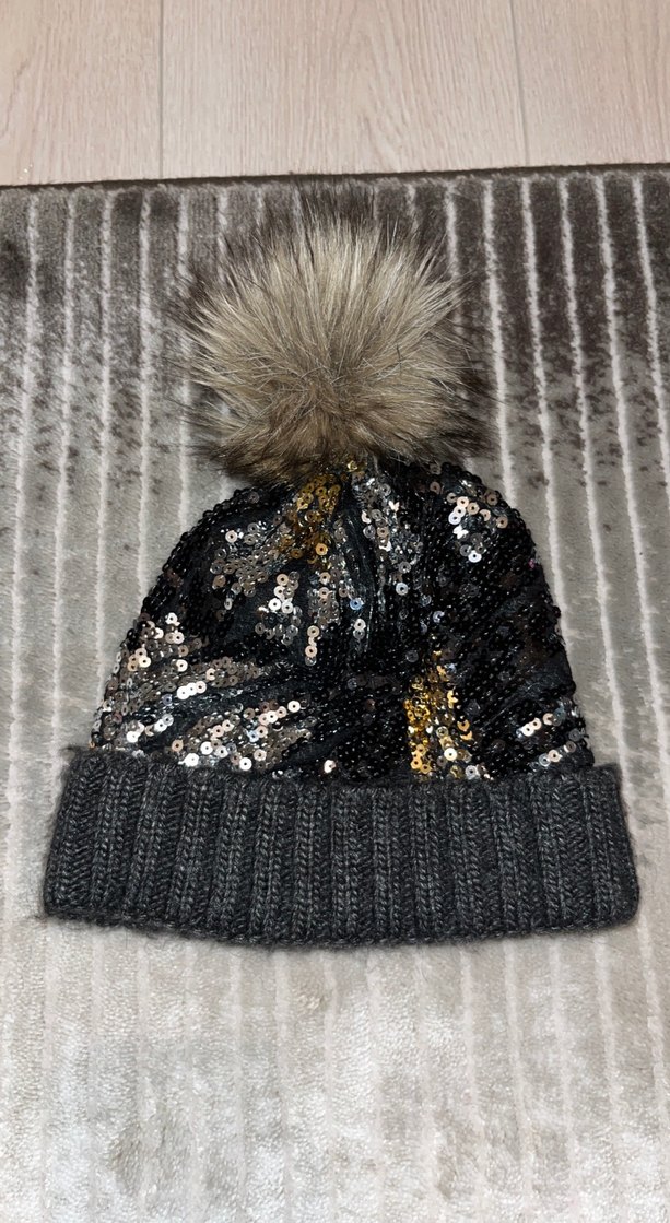 Kürk Detaylı Gri Payetli Kadın Bere - Görsel 2