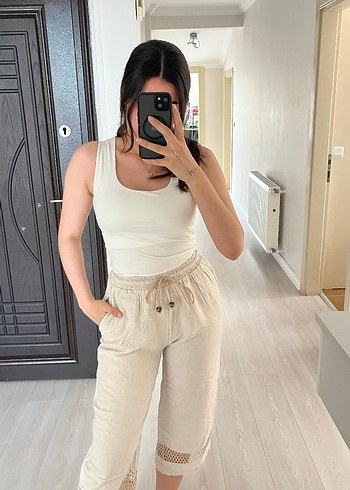 m Beden Beyaz Midi Pamuklu Geniş Kesim Kadın Pantolon