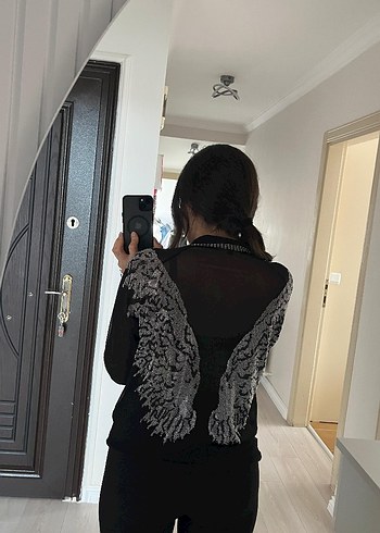 Gri Transparan Baskılı Uzun Kollu Hırka