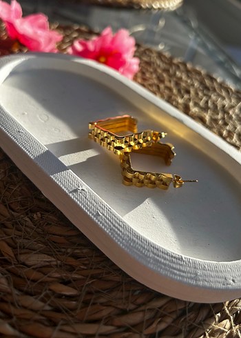 Sterling silver Kare Detaylı Çelik Altın Renk Küpe