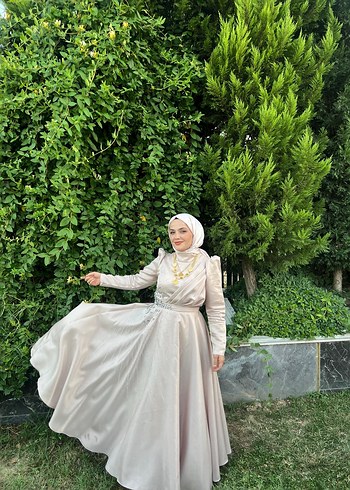 Diğer Uzun Kollu Drapeli toz pembe Tesettür Elbise