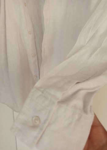 Düğmeli Beyaz Keten Kadın Gömlek - Görsel 3