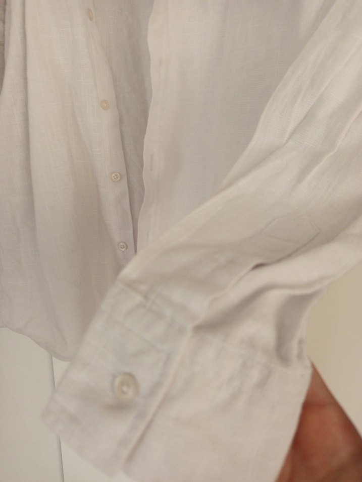 Düğmeli Beyaz Keten Kadın Gömlek - Görsel 3