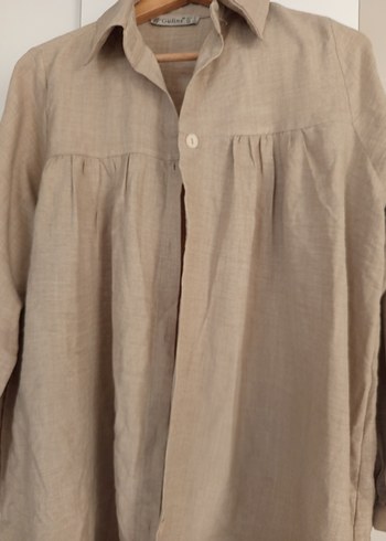 Bej Keten, Düğmeli Kadın Gömlek - Görsel 3