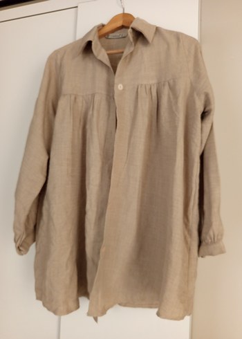 Bej Keten, Düğmeli Kadın Gömlek - Görsel 2