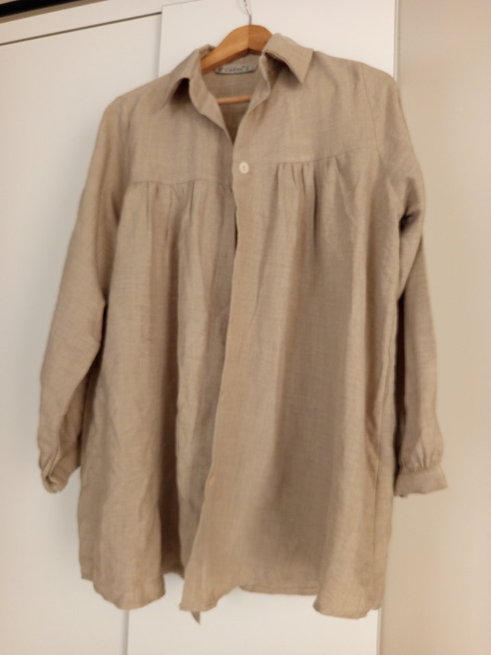 Bej Keten, Düğmeli Kadın Gömlek - Görsel 2