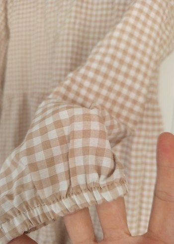 Bej Ekoseli Uzun Keten Elbise - Görsel 2