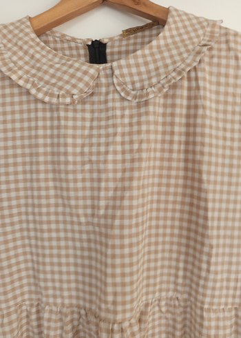 Bej Ekoseli Uzun Keten Elbise - Görsel 3