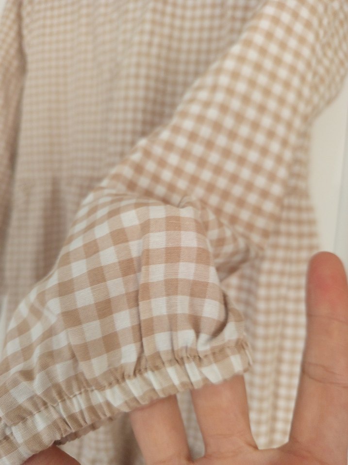 Bej Ekoseli Uzun Keten Elbise - Görsel 2