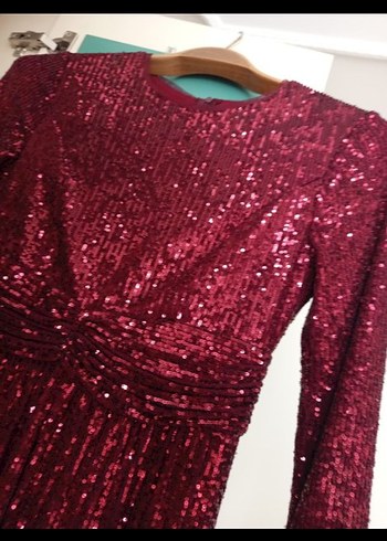 Bordo Uzun Kollu Payetli Abiye Elbise - Görsel 2