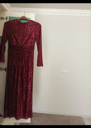 Bordo Uzun Kollu Payetli Abiye Elbise - Görsel 3