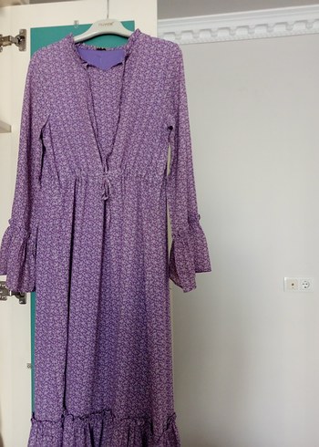 xl Beden mor Renk Mor V Yaka Uzun Bağcıklı Kadın Elbise